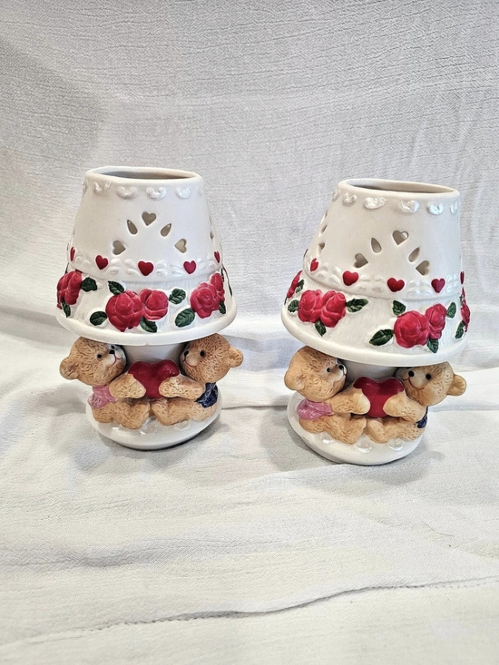Vintage FLOMO Unlimited Ceramic Teddy Bear Candle Lamps & Shades Set if 2